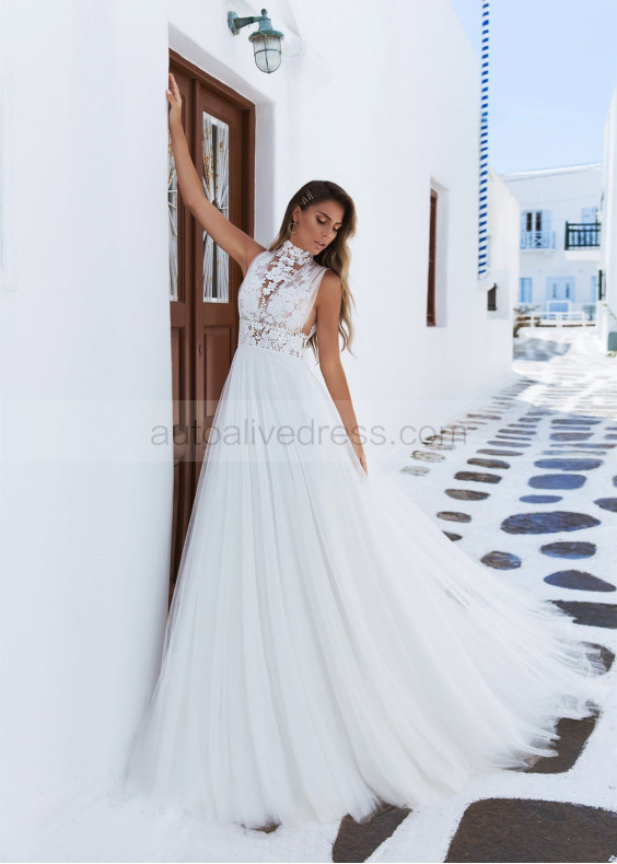 High Neck Ivory Lace Tulle Wedding Dress With Big Bow